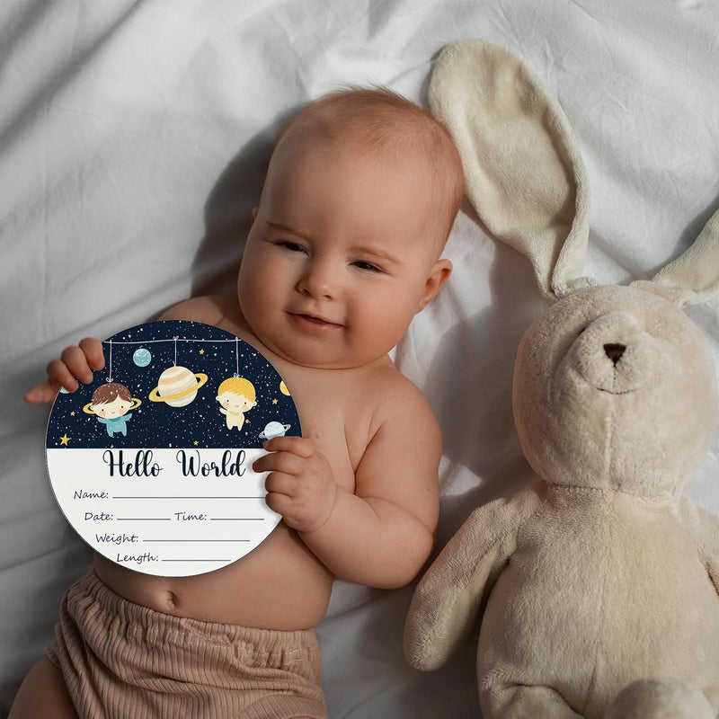 CLHHM Space Baby Name Announcement Sign Hello World Newborn Sign wooden Newbaby Gifts Nursery Wall Décor 5.9 Inch Baby Stats Board - Image 3